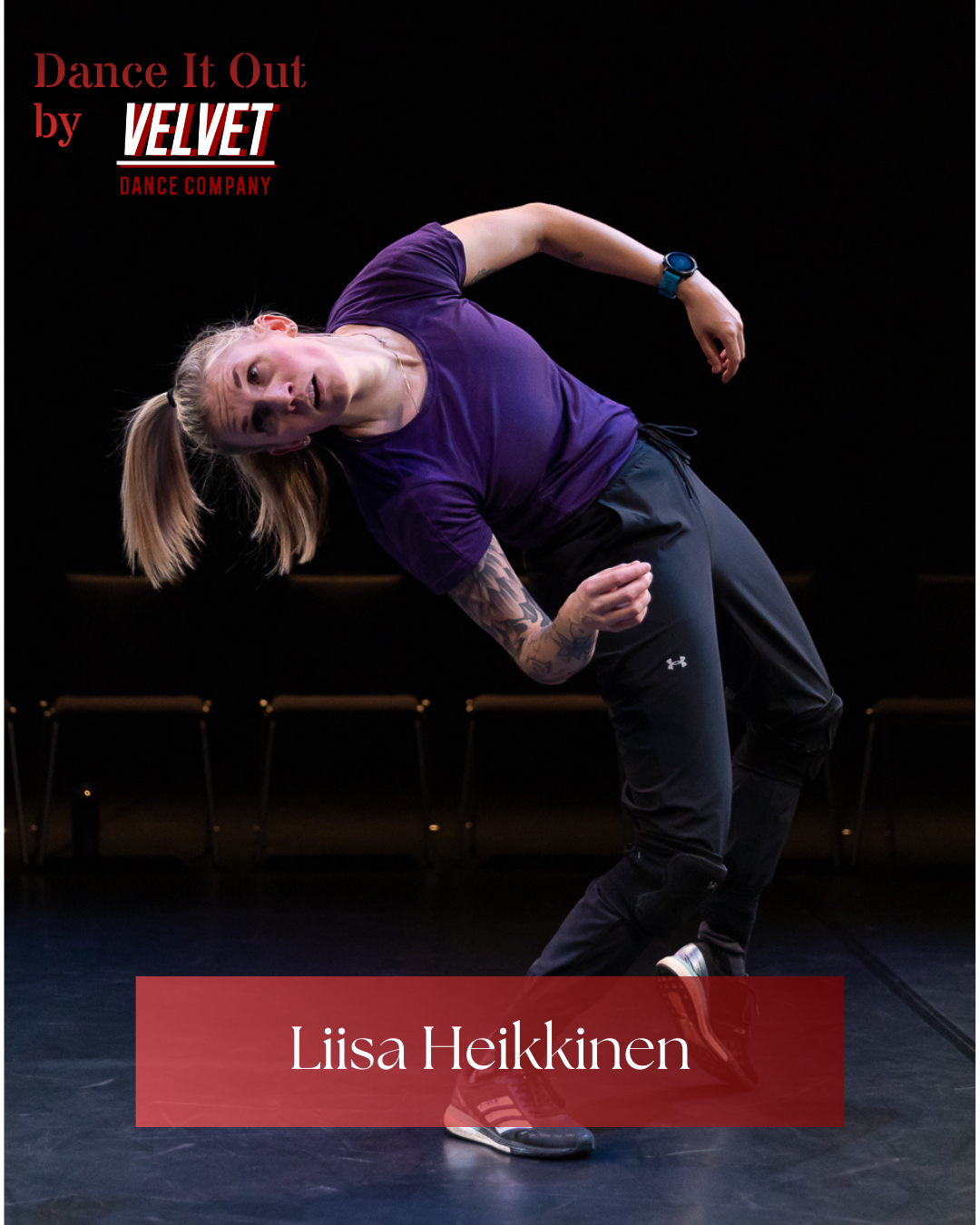 Liisa Heikkinen on oululainen tanssinopettaja, koreografi ja tanssija. Hän on koulutukseltaan tanssitaiteen maisteri (Taideyliopiston Teatterikorkeakoulu). Liisa on opettanut tanssia kolmivuotiaista yhdeksänkymppisiin niin omassa tanssikoulussaan (HAHAHA Dance School), järjestöissä, urheiluseuroissa, taidelähtöisten menetelmien hankkeissa, yksityisissä tanssikouluissa kuin ammatillisessa korkeakoulutuksessa (Oamk). Liisan koreografiat ovat menestyneet useissa tanssikatselmuksissa - mm. voittanut kaksi kertaa Arktiset Askeleet -tanssikatselmuksen pääpalkinnon ja hänellä on kertynyt kokemusta niin kilpailukoreografioiden kuin kokoillan teosten koreografioinneista – ja kaikesta näiden väliltä. Liisaa kiinnostaa mm.persoonallinen liike, läsnäolo, ergonomian kautta rakennettu taito, tanssijoiden välinen yhteys toisiinsa ja yleisöön sekä omaäänisyys, joka näkyy niin tanssijoissa kuin teoksen valinnoissa. Kuva: Ester van Dam